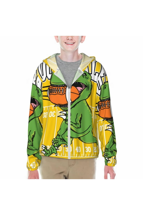 T-Rex Playing Football Print Fishing Shirts for teenager Long Sleeve UV Sun Protection Hoodie with Zipper Outdoor Hiking Shirts-X-Large