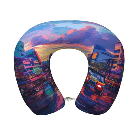 Xecao Taxi Colorful Town Print Memory Foam Cervical Neck Pillow Versatile U-Shaped Pillows for Home,Office,Camping,Travelling,Soft Washable Cover