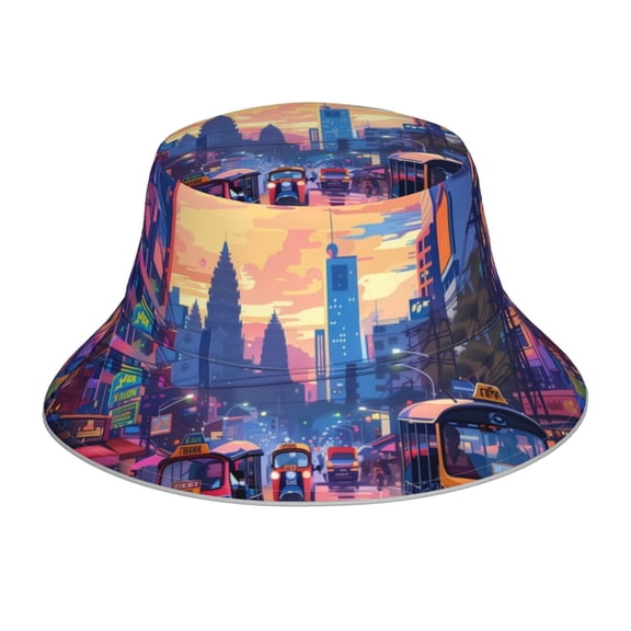 Xecao Taxi Colorful Town Print Men and Women Night Reflective Hat Runner Cap Visor Bucket Hat Boonie Cap