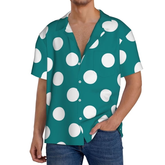 Xecao Teal And White Polka Dot Men's Casual Short-sleeved Shirt, a button-up collared shirt with a pocket-Small