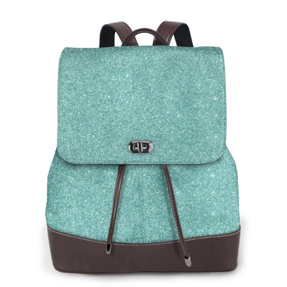Xecao Teal Green Glitter Print Large Backpack Soft Leather for Women Travel with Compartment, Adjustable Convertible Strap