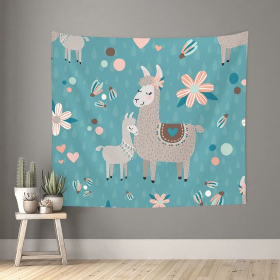 Xecao Teal Mama Llama patten Tapestry 60x51 Inches Wall Hanging Poster Tapestry for Living Room Bedroom Home Decor