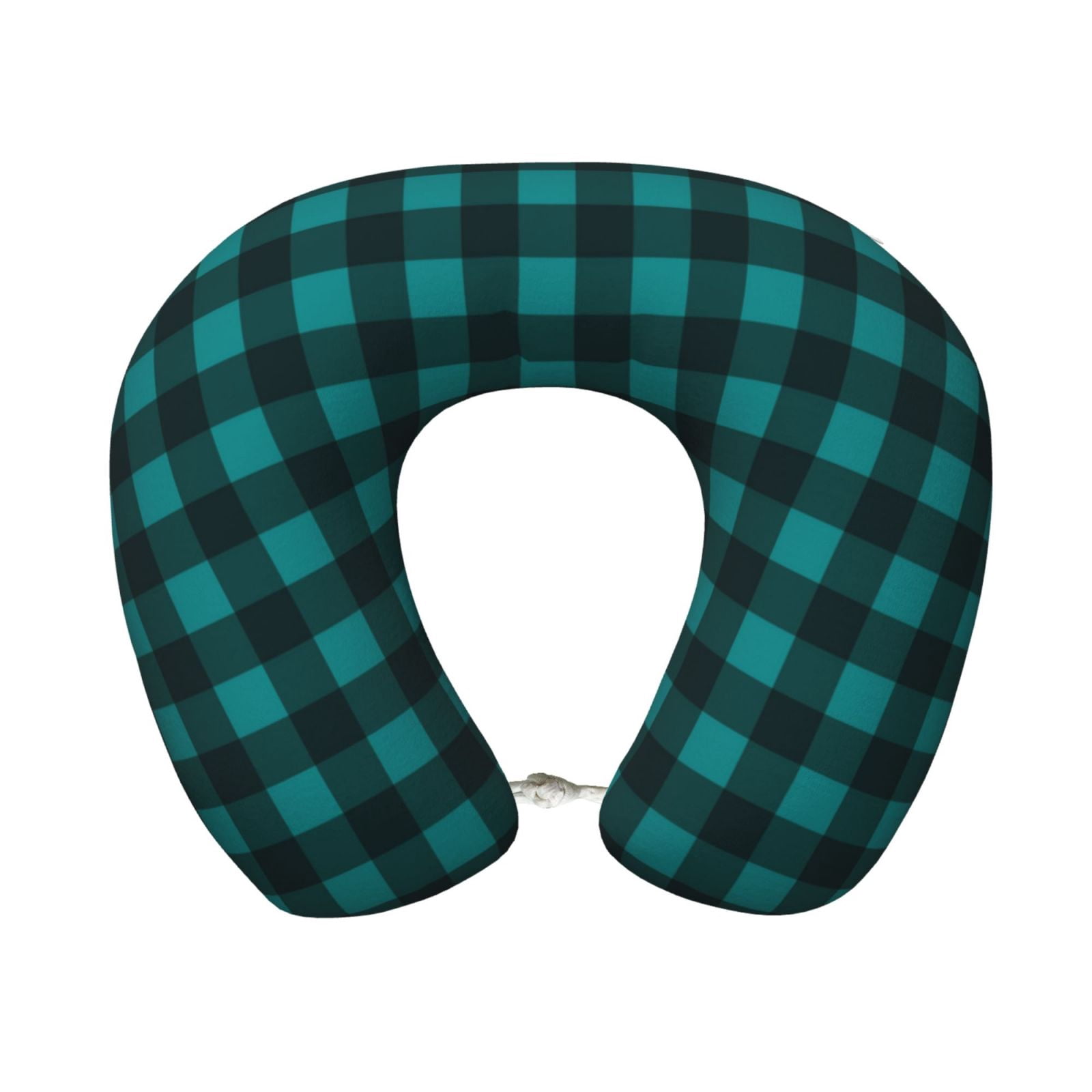 Xecao Teal On Black Plaid Print Memory Foam Cervical Neck Pillow Versatile U-Shaped Pillows for Home,Office,Camping,Travelling,Soft Washable Cover