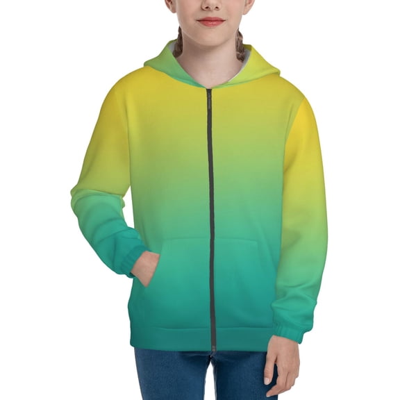 Xecao Teal To Yellow Gradient Pattern Zip Up Hoodies for Boys Girls, Sweatshirt with Pockets-Medium