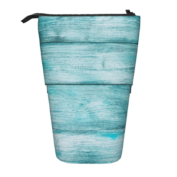 Xecao Teal Turquoise Wood Print Telescopic Pencil Bag Pen Holder Pop Up Stationery Case Stand-up Retractable Transformer Bag Standing Organizer