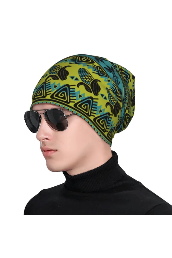 Teal Vintage Corn Pattern Print Beanie Knitted Hat for Men Women, Winter Fashion Knit Cuffed Caps Unisex