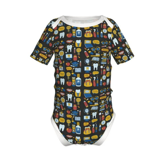 Xecao Teeth Pattern Baby Climbing Bodysuit Short Sleeve Onesie Unisex 0-12 Months Baby Shirt Newborn Outfits Crotch snap design-