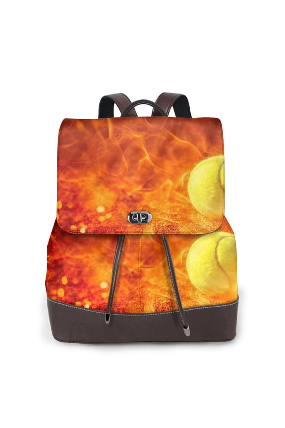 Tennis Ball In Fire Print Large Backpack Soft Leather for Women Travel with Compartment, Adjustable Convertible Strap