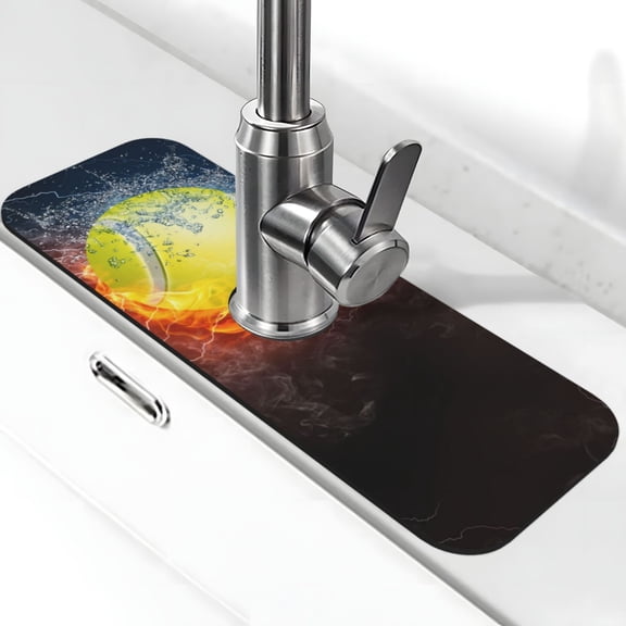 Xecao Tennis Ball On Fire And Water for Kitchen Sink Splash Guard Faucet Mat , Faucet Guard & Draining mat, (15" X 5.5" )