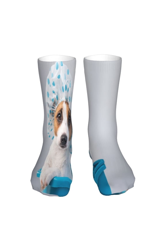 Terrier Takes A Bath With Shower Cap Print Fashion No Heel Casual Crew Socks Cushioned Breathable for Men Women - Moisture wicking,Not easy to fade Suitable for daily