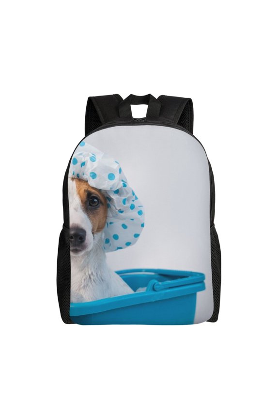 Terrier Takes A Bath With Shower Cap Print School Backpack with Laptop Compartment Small Travel Laptop Backpack for Women Men Waterproof College Backpack Simple School Bag