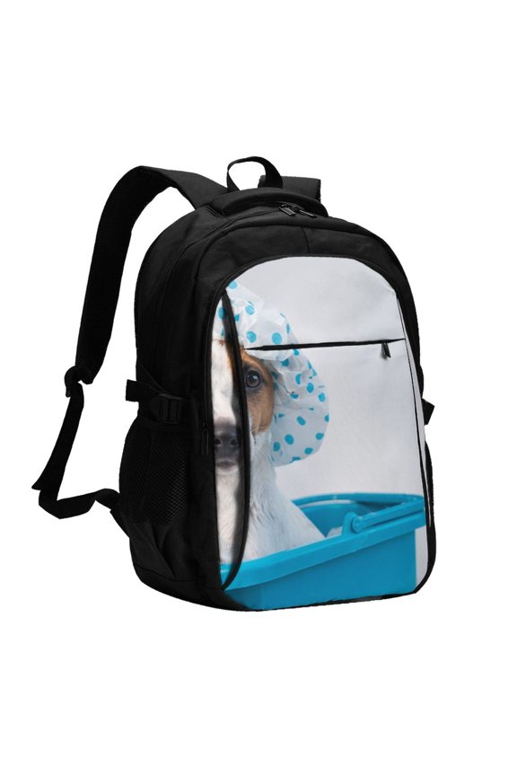 Terrier Takes A Bath With Shower Cap for Travel Laptop Backpack, USB-Charging-Enabled, Spacious Business Backpack for Men and Women,College School Computer Bag