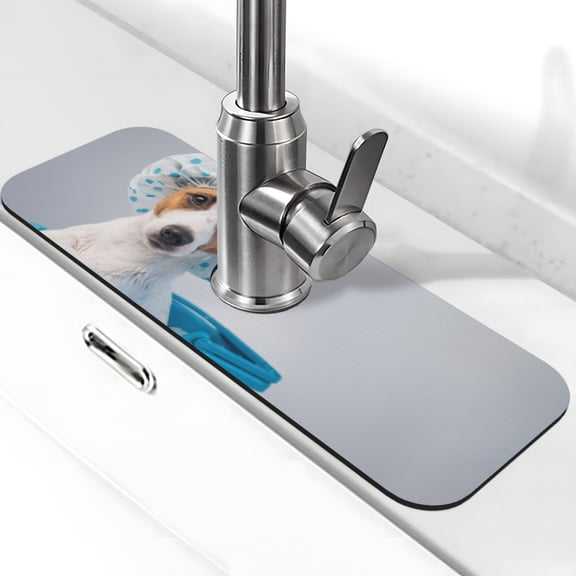 Xecao Terrier Takes A Bath With Shower Cap for Kitchen Sink Splash Guard Faucet Mat , Faucet Guard & Draining mat, (15" X 5.5" )