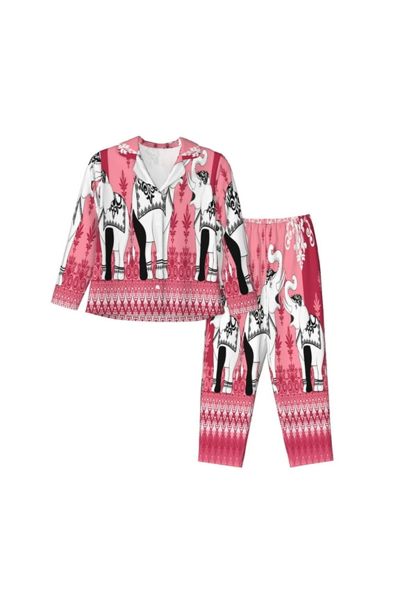 Thai elephant Print Women Pajamas Set Soft Sleepwear Pjs long Sleeve Button Down Nightwear with Long Pants-Small