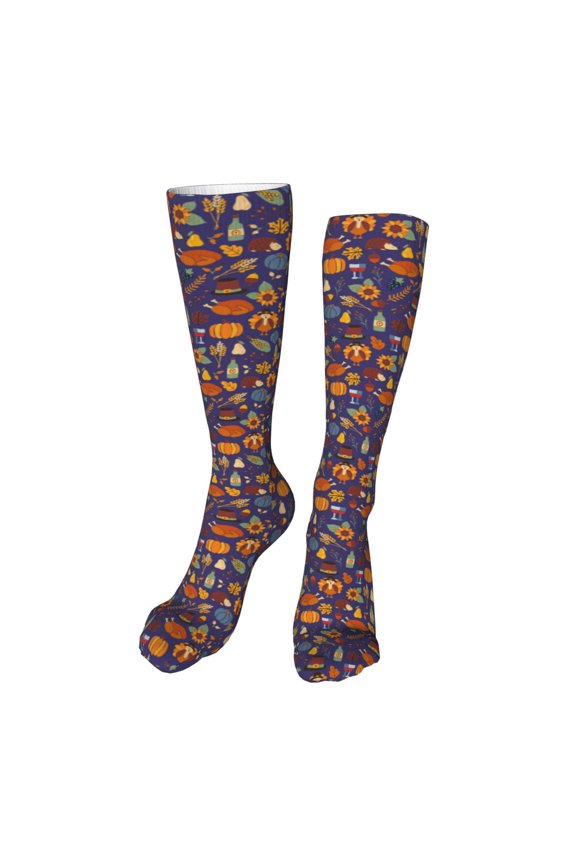 Thanksgiving Turkey 2 Print Calf Socks Seamless Toe, Knee High Long Socks, Sports Socks Trouser Socks for Women and Men-One Size