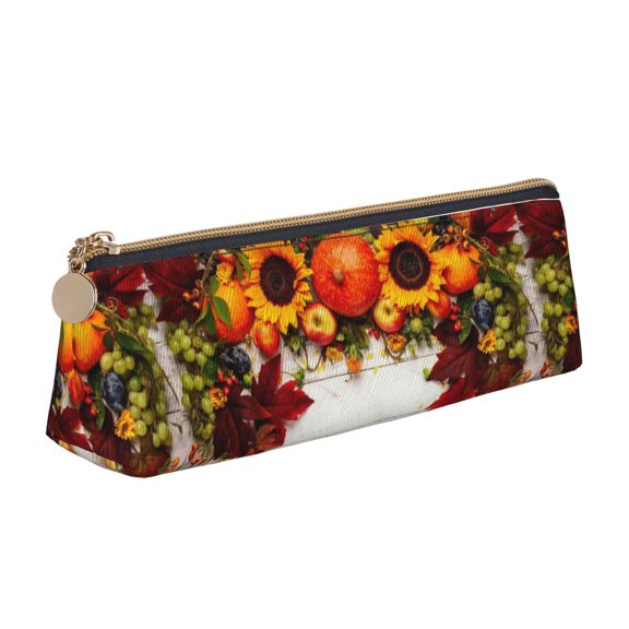 Xecao Thanksgiving With Autumn Print Leather Pencil Case -Stationery Bag Pen Holder for Work & Office