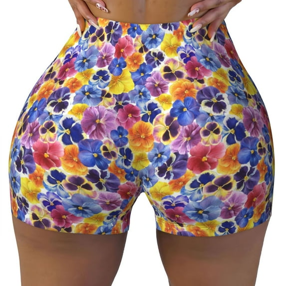 Xecao The Garden Tricolor Pansy Flower Print Workout Shorts for Women Soft Smooth Gym Yoga Scrunch Active Tennis Workout Running Shorts