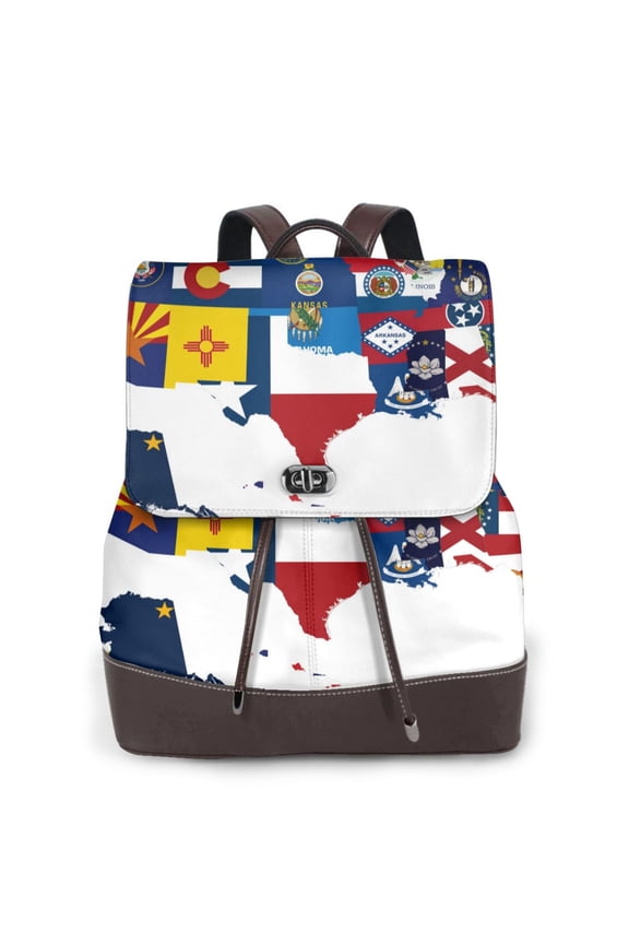 The Map Of United States Print Large Backpack Soft Leather for Women Travel with Compartment, Adjustable Convertible Strap