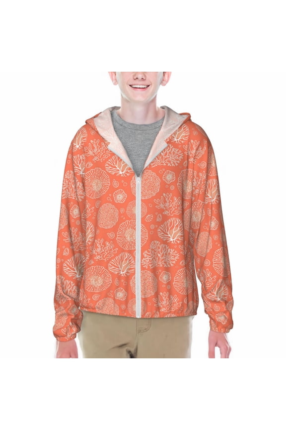 The Marine Theme With Beautiful Corals Print Fishing Shirts for teenager Long Sleeve UV Sun Protection Hoodie with Zipper Outdoor Hiking Shirts-Small