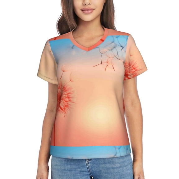 Xecao The Sunset of Dandelion for Women's V-Neck T-Shirts-Elegant Half-Sleeve Tops Perfect for Summer-Small
