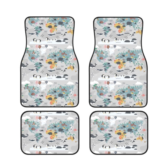 Xecao The World Map with Cartoon Animals Print Car Foot Mat Set of 4 Pieces Neoprene All-Weather Dust-Proof Stain-resistantCar Interior Decorative mats Non-Slip Mats