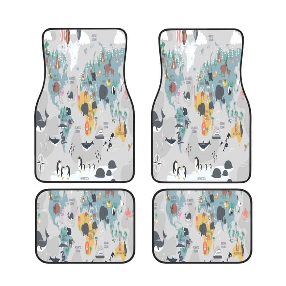 Xecao The World Map with Cartoon Animals Print Car Foot Mat Set of 4 Pieces Neoprene All-Weather Dust-Proof Stain-resistantCar Interior Decorative mats Non-Slip Mats