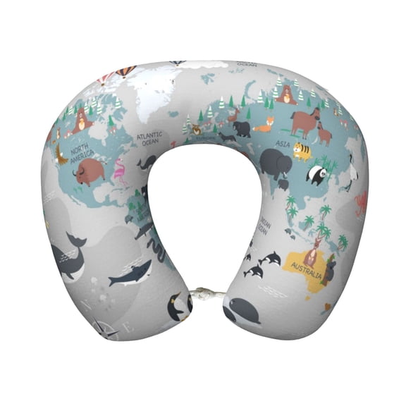 Xecao The World Map with Cartoon Animals Print Memory Foam Cervical Neck Pillow Versatile U-Shaped Pillows for Home,Office,Camping,Travelling,Soft Washable Cover