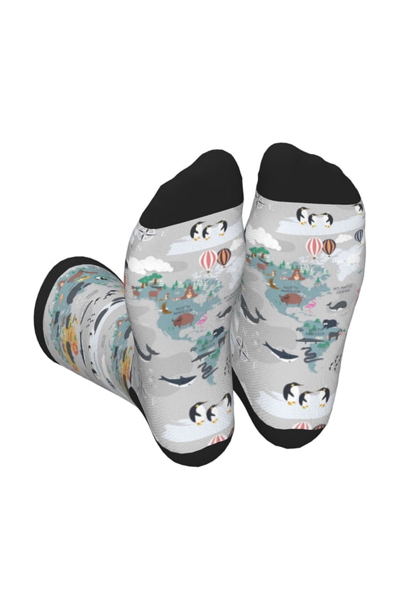 The World Map with Cartoon Animals Print Crew Socks for Men and Women, Men's Soft Moisture-wicking Sock
