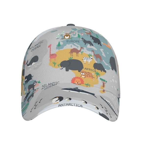 Xecao The World Map with Cartoon Animals for Baseball Cap: Unisex, crafted from classic polyester twill fabric, featuring a soft unconstructed design