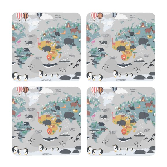 Xecao The World Map with Cartoon Animals for MDF Cork Coaster 4 Pcs,Drink Coasters,Suit for House Warming Gifts New Home ,Coffee Table Decor-Square