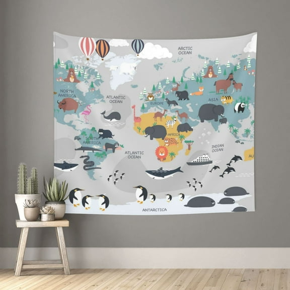 Xecao The World Map with Cartoon Animals patten Tapestry 60x51 Inches Wall Hanging Poster Tapestry for Living Room Bedroom Home Decor