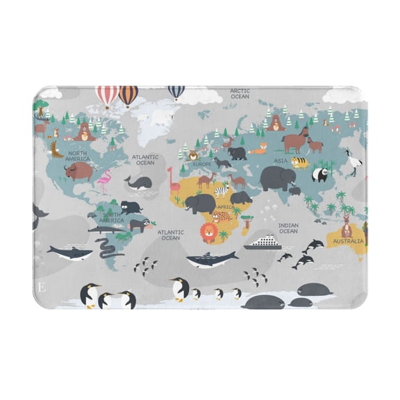 Xecao The World Map with Cartoon Animals print Flannel Mat: Non-slip, 16x24in. Ideal for kitchen, bedroom, bath & living room.