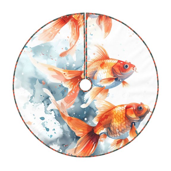 Xecao Three Goldfish Watercolor Splash Pattern Christmas Tree Skirt Round Xmas Tree Mat Base Cover for Holiday Home Decorations-48"