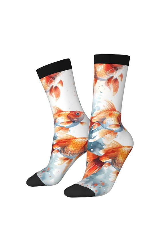 Three Goldfish Watercolor Splash Pattern Sport Socks for Women and Men Crew Socks Sporty Calf Socks Casual Socks