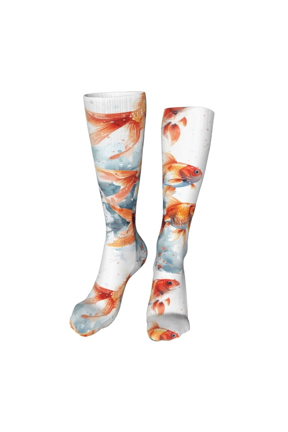 Three Goldfish Watercolor Splash Print Calf Socks Seamless Toe, Knee High Long Socks, Sports Socks Trouser Socks for Women and Men-One Size