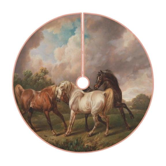 Xecao Three Horses Oil Painting Pattern Christmas Tree Skirt Holiday Part Decorations for Christmas Tree, Farmhouse Christmas Decor Xmas Holiday Home Party Decorations-30"