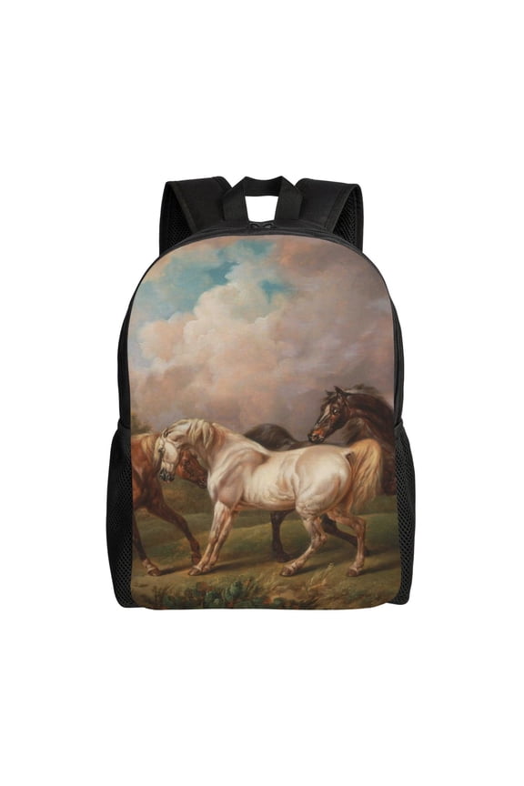 Three Horses Oil Painting Print School Backpack with Laptop Compartment Small Travel Laptop Backpack for Women Men Waterproof College Backpack Simple School Bag