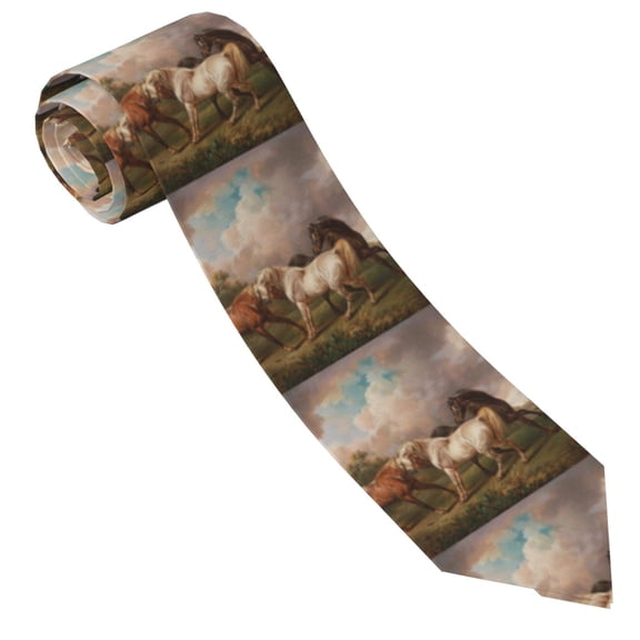 Xecao Three Horses Oil Painting Print Tie For Men Necktie Woven Jacquard Neck Ties,Classic Men's Tie