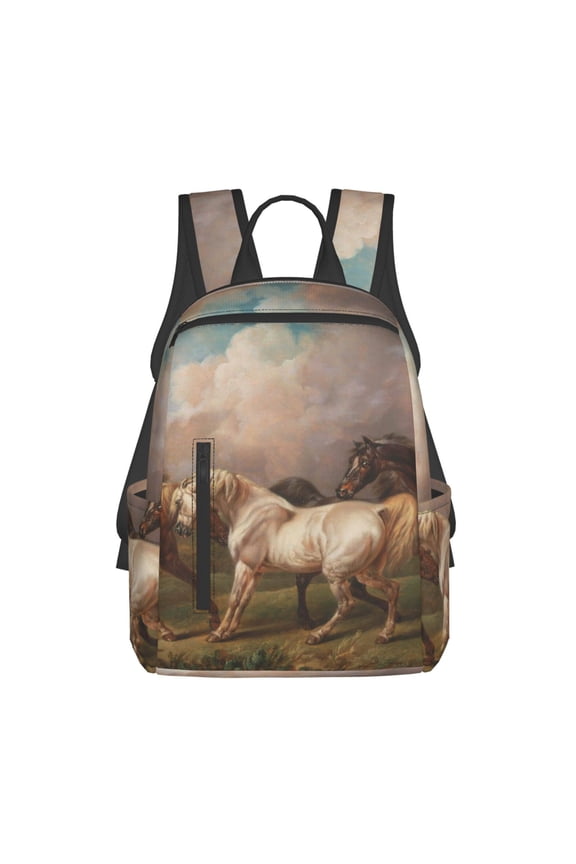 Three Horses Oil Painting print Backpack For women men Aesthetic Lightweight Travel Daypack Simple Cute Backpack For Bookbag