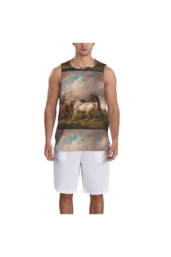 Three Horses Oil Painting print basketball shirt for both men and women, a unisex basketball jersey perfect for theme parties-Small