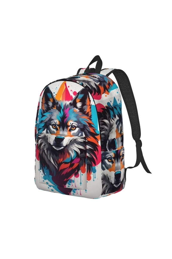 Tie-Dye Wolf Head Canvas College Laptop Backpack, a durable rucksack designed for both men and women, ideal for travel, school, and daily use-Small