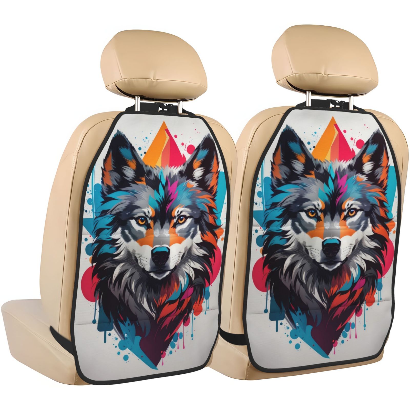 Xecao Tie-Dye Wolf Head Pattern Car Seat Back Protector 2 Pack Large Capacity Pocket, Kick Mats Back Seat Protector