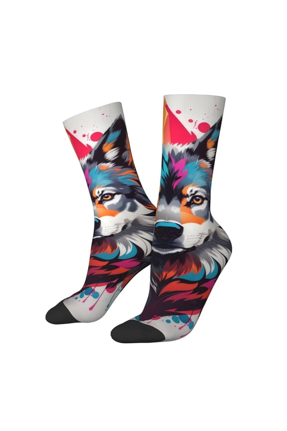 Tie-Dye Wolf Head Pattern Sport Socks for Women and Men Crew Socks Sporty Calf Socks Casual Socks