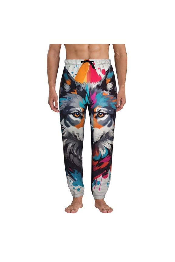 Tie-Dye Wolf Head Print Active Tech Joggers for Men, Mens Sweatpants Lounge Pants with Pockets-Small