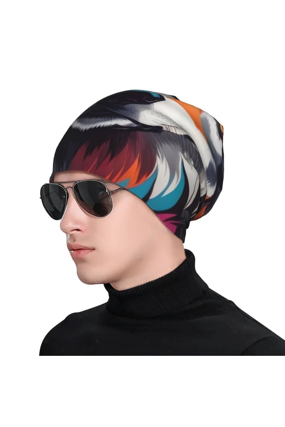 Tie-Dye Wolf Head Print Beanie Knitted Hat for Men Women, Winter Fashion Knit Cuffed Caps Unisex