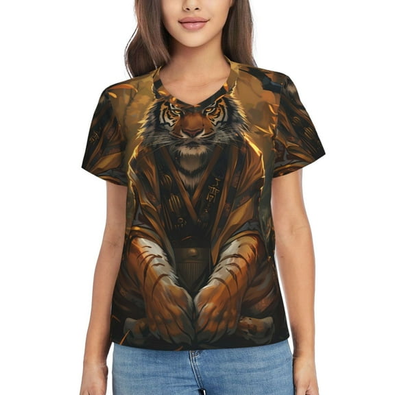 Xecao Tiger In The Fallen Leaf Forest for Women's V-Neck T-Shirts-Elegant Half-Sleeve Tops Perfect for Summer-Medium