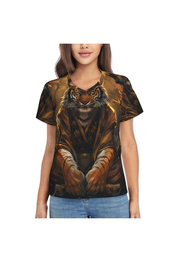 Tiger In The Fallen Leaf Forest for Women's V-Neck T-Shirts-Elegant Half-Sleeve Tops Perfect for Summer-Medium