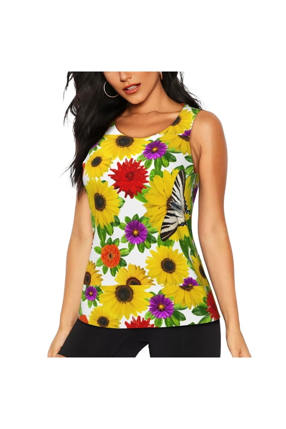 Tiger Swallowtail On Flowers Print Women's Scoop Neck, Loose-Fit Workout Tank Tops for The Gym,Sleeveless T-shirt-