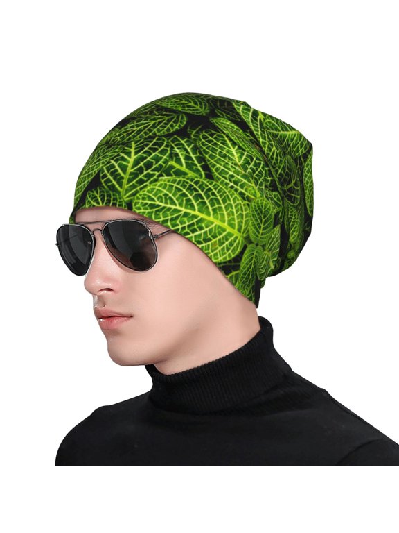 Tiny Green Fern Leaves Print Beanie Knitted Hat for Men Women, Winter Fashion Knit Cuffed Caps Unisex