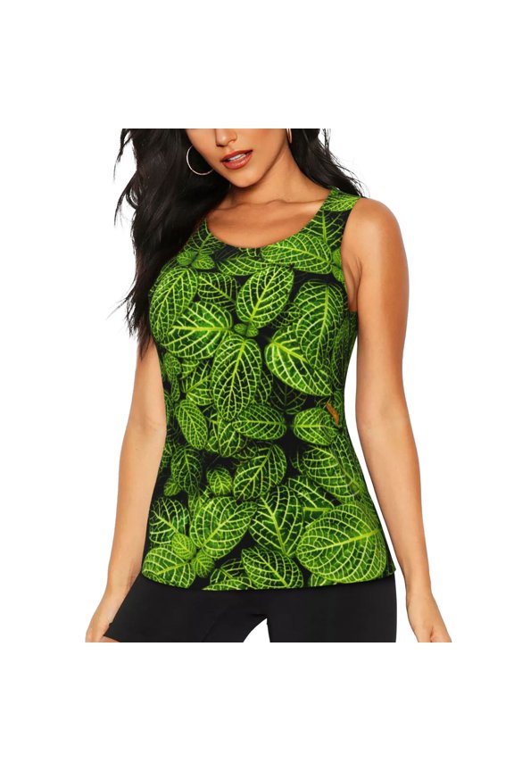 Tiny Green Fern Leaves Print Women's Scoop Neck, Loose-Fit Workout Tank Tops for The Gym,Sleeveless T-shirt-Large